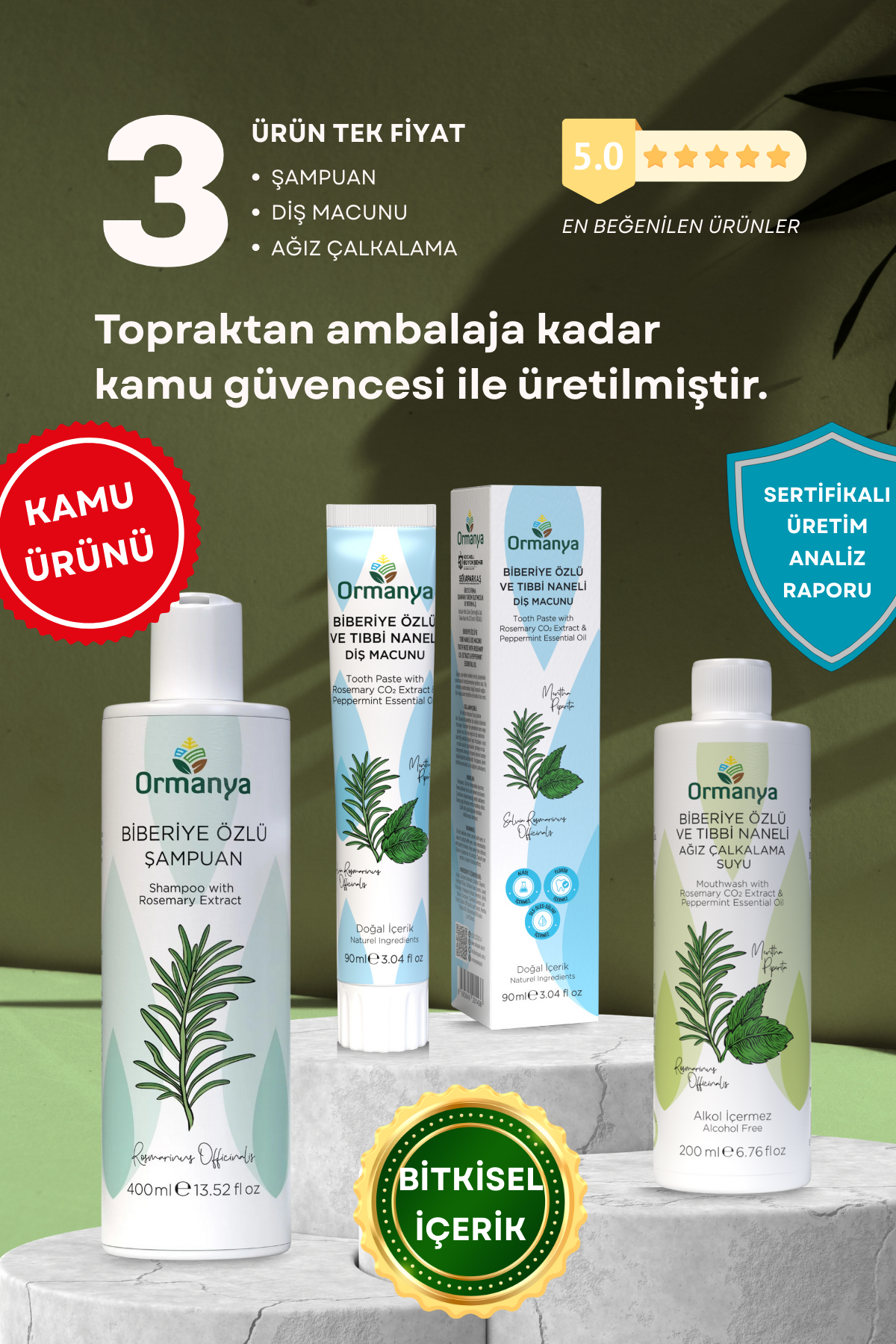 3'lü Set Ürün En Beğenilen Ürünler ★ Bitkisel Doğal Yağlar İçeren Kozmetik Ürünler (Şampuan Diş Macunu Ağız Bakım)