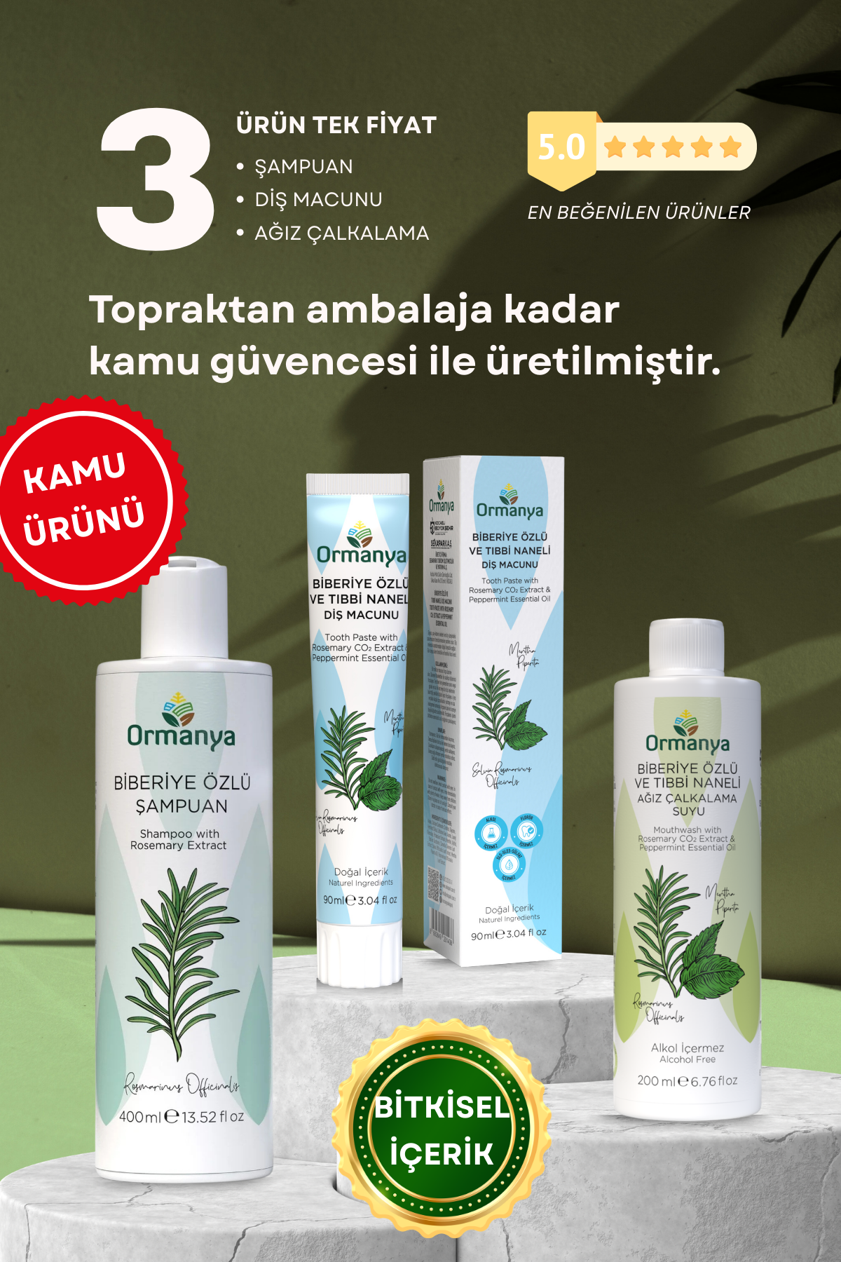 3'lü Set Ürün En Beğenilen Ürünler ★ Bitkisel Doğal Yağlar İçeren Kozmetik Ürünler (Şampuan Diş Macunu Ağız Bakım)